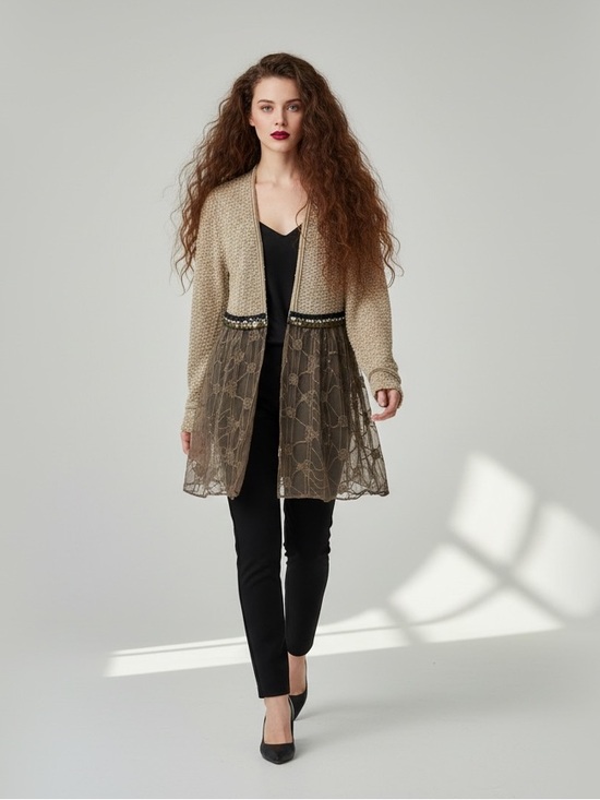 PS Fashion Sweaters - PS Fashion Vintage Boho Beaded Sheer Knit Cardigan Brown Size S Fairycore